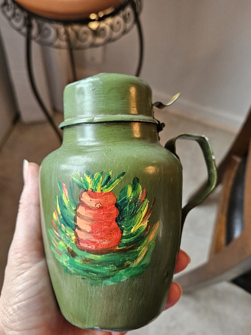 Vintage Green Toleware Hand-Painted Green Decorative Home Art Canister Folk Art